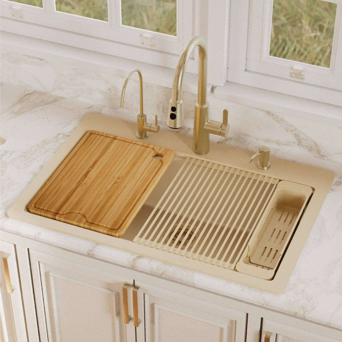 33" Top Mount Single Bowl Quartz Kitchen Sink Kit In Bisque