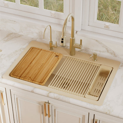 33" Top Mount Single Bowl Quartz Kitchen Sink Kit In Bisque