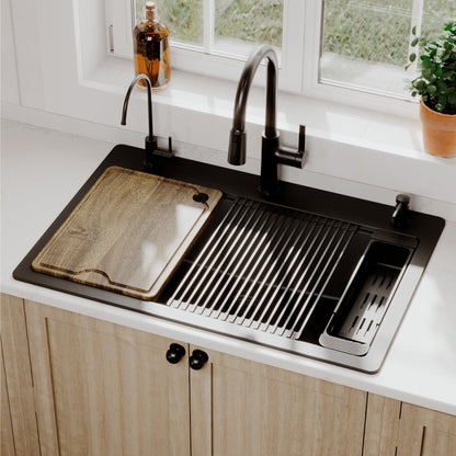 33" Top Mount Single Bowl Quartz Kitchen Sink Kit In Black