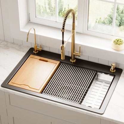33" Top Mount Large Single Bowl Quartz Composite Workstation Kitchen Sink In Black