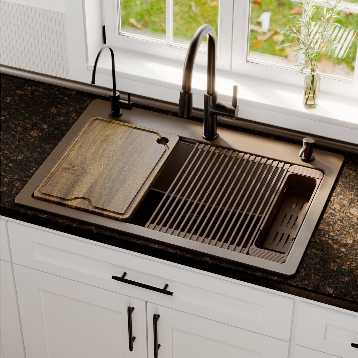 33" Top Mount Single Bowl Quartz Kitchen Sink Kit In Brown