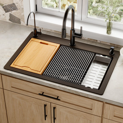 33" Top Mount Large Single Bowl Quartz Composite Workstation Kitchen Sink In Brown