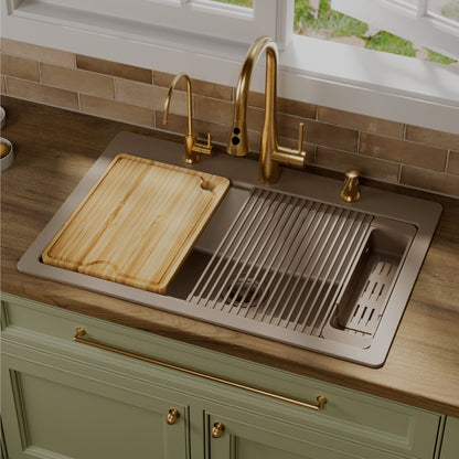 33" Top Mount Single Bowl Quartz Kitchen Sink Kit In Concrete