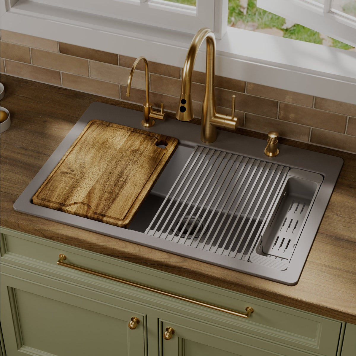 33" Top Mount Single Bowl Quartz Kitchen Sink Kit In Grey