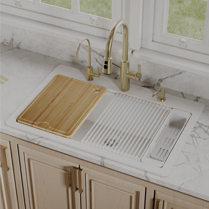 33" Top Mount Single Bowl Quartz Kitchen Sink Kit In White