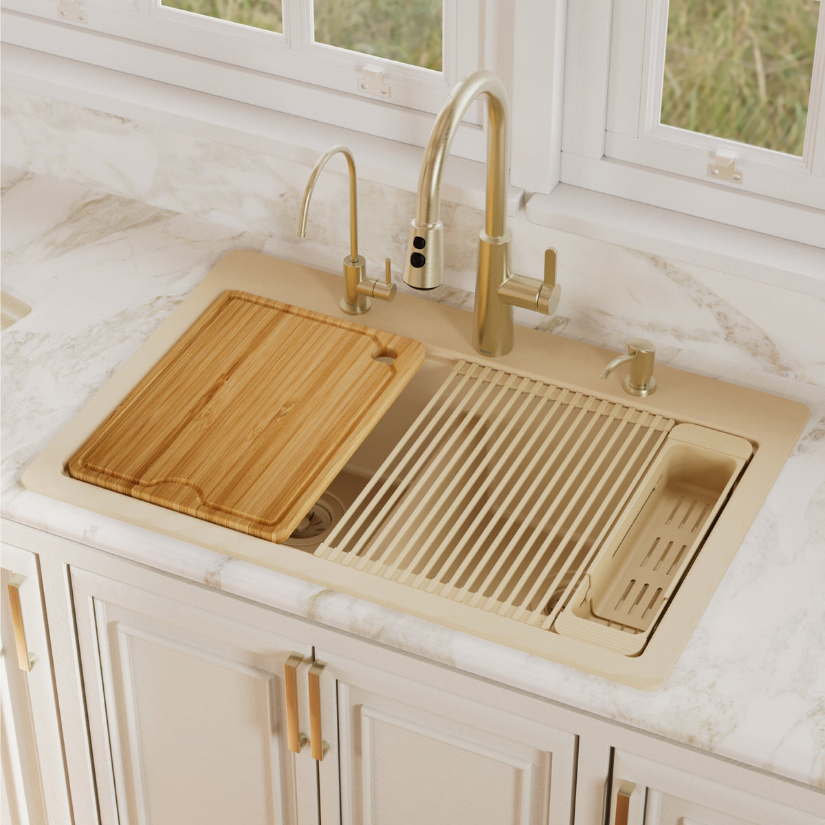 33" Top Mount Double Bowl Quartz Kitchen Sink Kit In Bisque