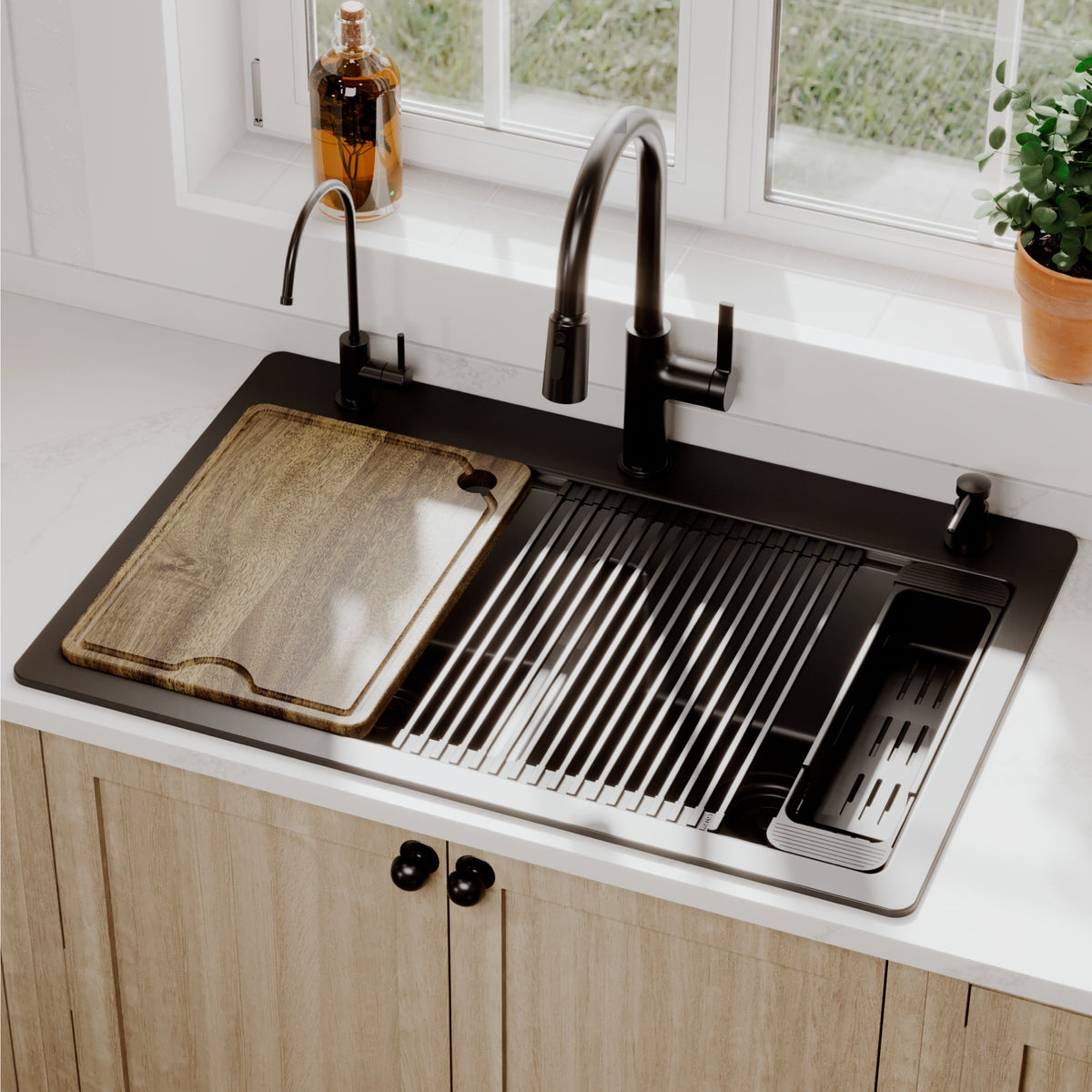 33" Top Mount Double Bowl Quartz Kitchen Sink Kit In Black
