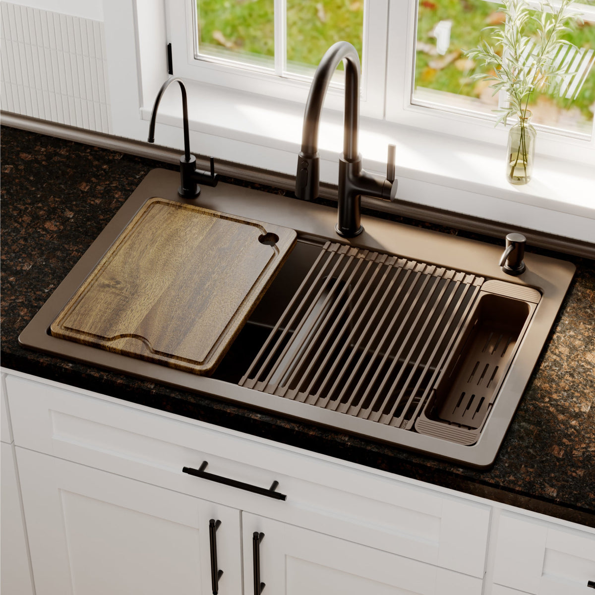 33" Top Mount Double Bowl Quartz Kitchen Sink Kit In Brown