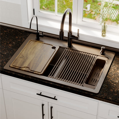 33" Top Mount Double Bowl Quartz Kitchen Sink Kit In Brown