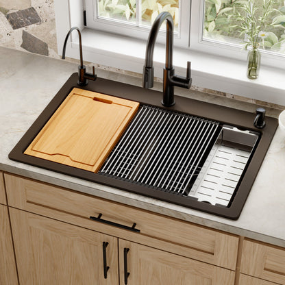 33" Top Mount Double Equal Bowl Quartz Composite Workstation Kitchen Sink In Brown