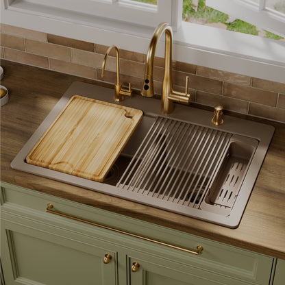 33" Top Mount Double Bowl Quartz Kitchen Sink Kit In Concrete