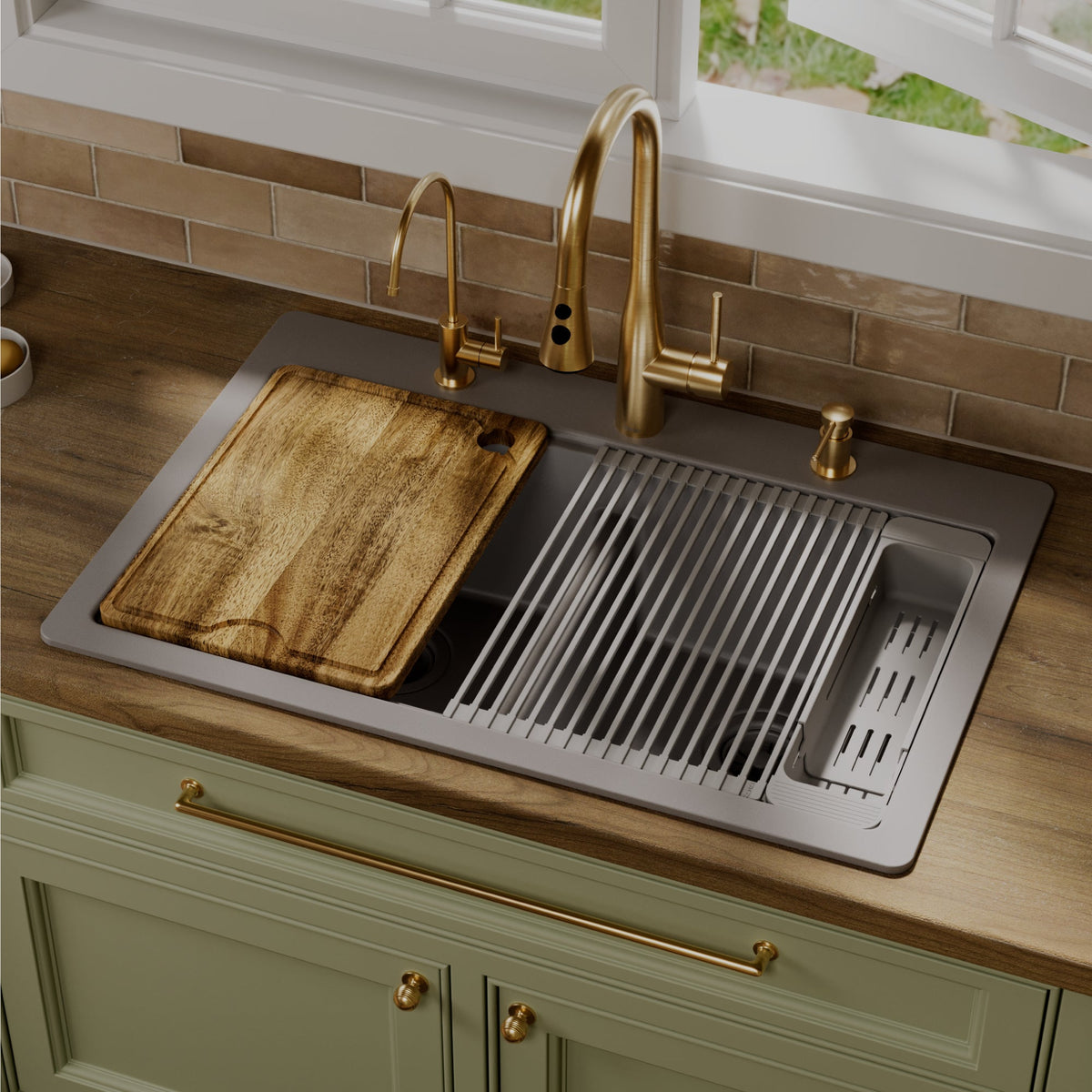 33" Top Mount Double Bowl Quartz Kitchen Sink Kit In Grey