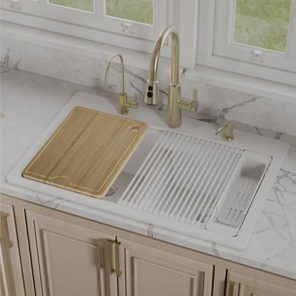 33" Top Mount Double Bowl Quartz Kitchen Sink Kit In White