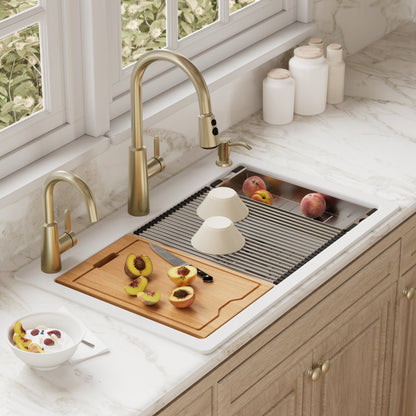 33" Top Mount Double Equal Bowl Quartz Composite Workstation Kitchen Sink In White