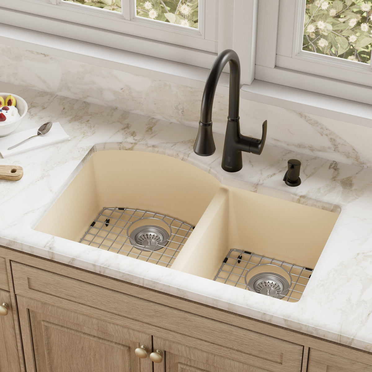 32-1/4" Undermount Double Offset Bowl Quartz Composite Kitchen Sink Kit In Bisque