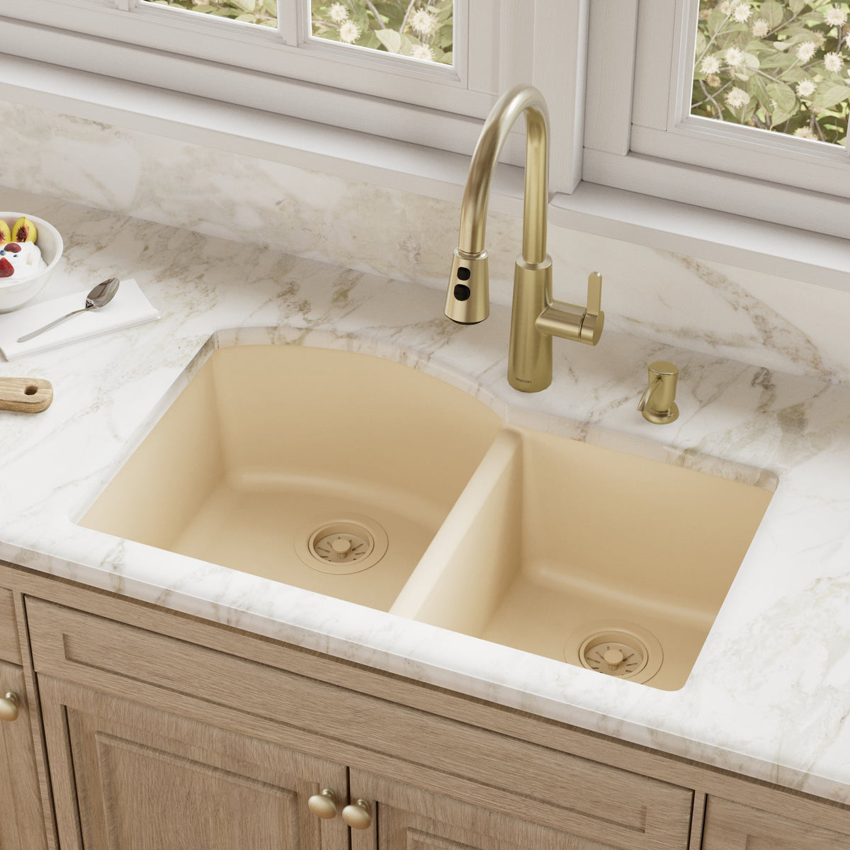 32-1/4" Undermount Double Offset Bowl Quartz Composite Kitchen Sink In Bisque