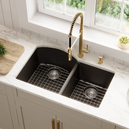 32-1/4" Undermount Double Offset Bowl Quartz Composite Kitchen Sink Kit In Black