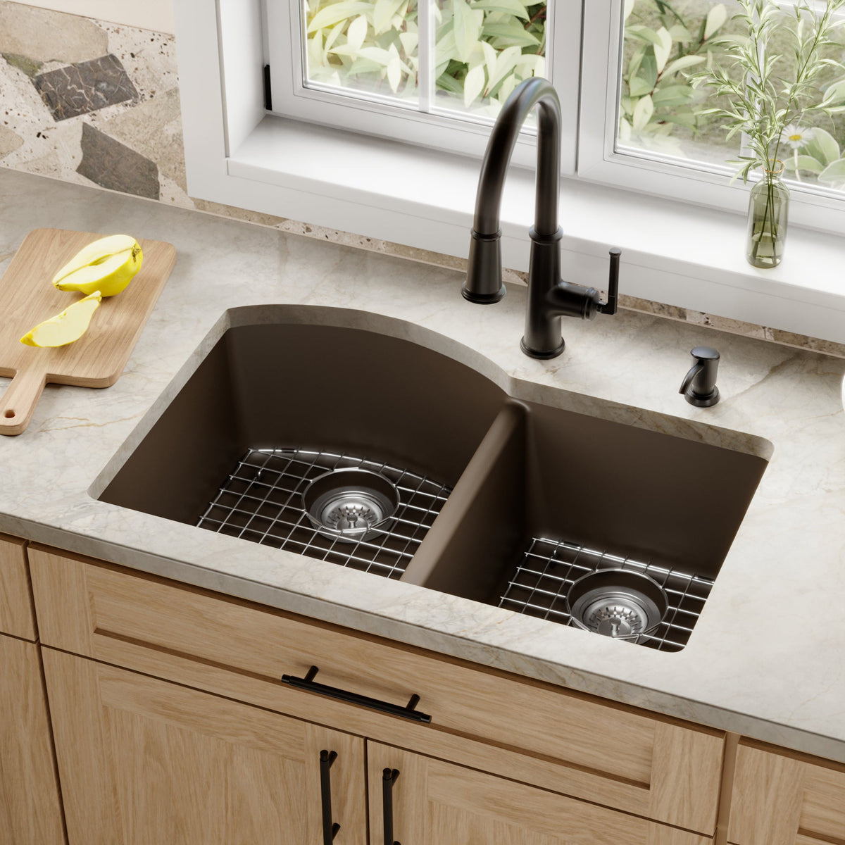 32-1/4" Undermount Double Offset Bowl Quartz Composite Kitchen Sink Kit In Brown