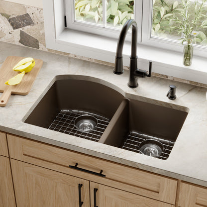 32-1/4" Undermount Double Offset Bowl Quartz Composite Kitchen Sink Kit In Brown