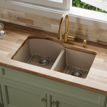 32-1/4" Undermount Double Offset Bowl Quartz Composite Kitchen Sink Kit In Concrete
