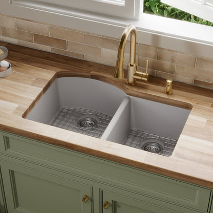 32-1/4" Undermount Double Offset Bowl Quartz Composite Kitchen Sink Kit In Grey