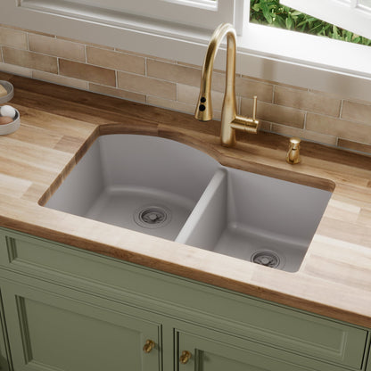 32-1/4" Undermount Double Offset Bowl Quartz Composite Kitchen Sink In Grey