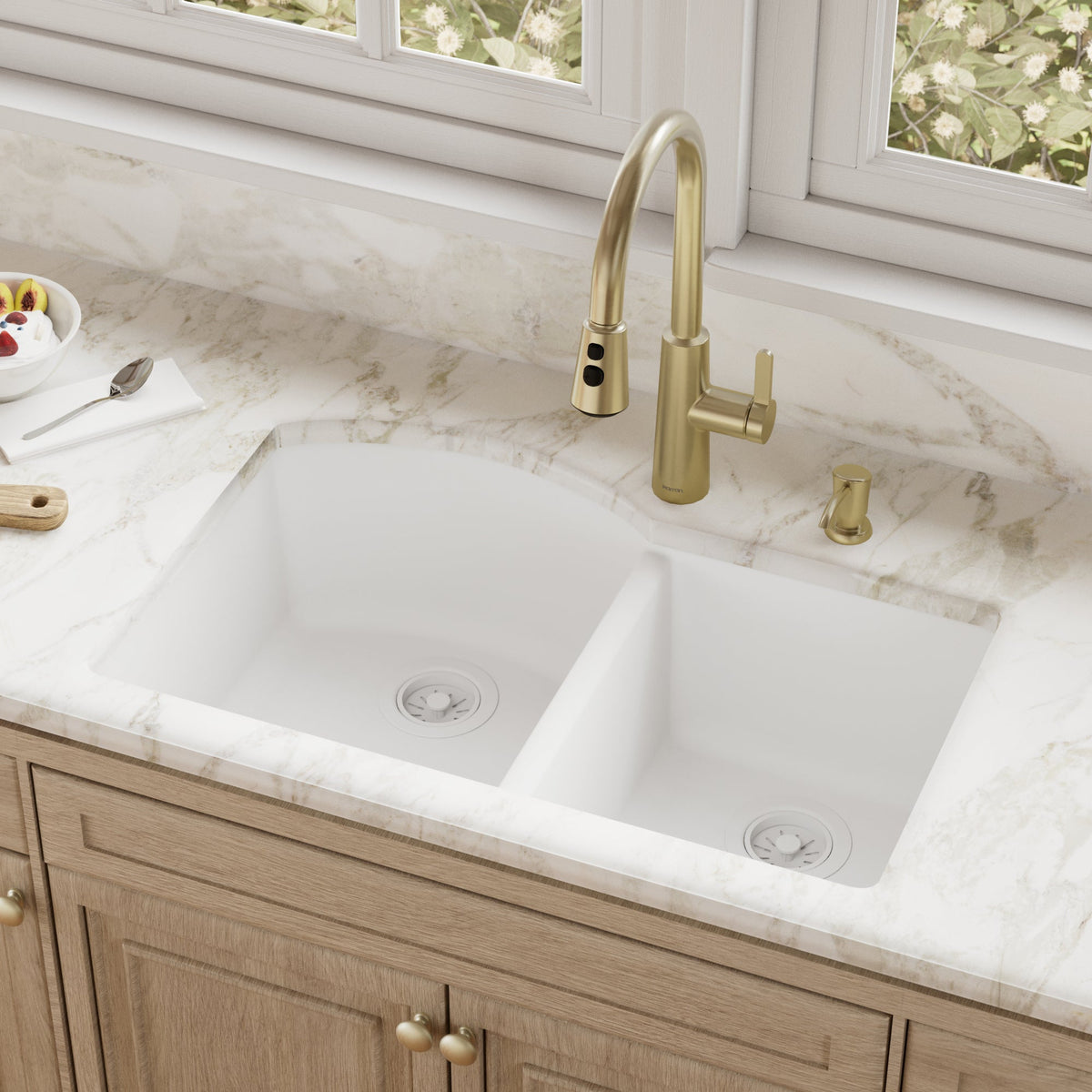 32-1/4" Undermount Double Offset Bowl Quartz Composite Kitchen Sink In White