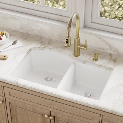 32-1/4" Undermount Double Offset Bowl Quartz Composite Kitchen Sink In White