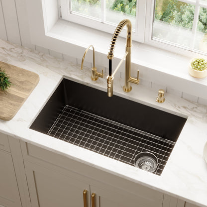 31-5/8" Undermount Large Single Bowl Quartz Composite Kitchen Sink Kit In Black