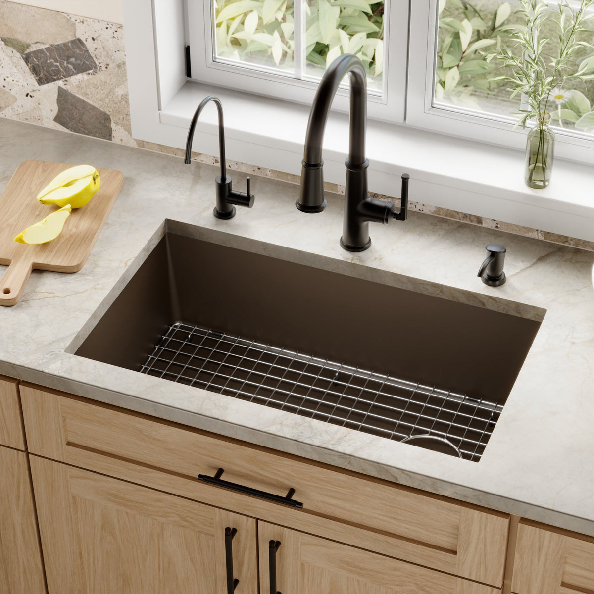 31-5/8" Undermount Large Single Bowl Quartz Composite Kitchen Sink Kit In Brown