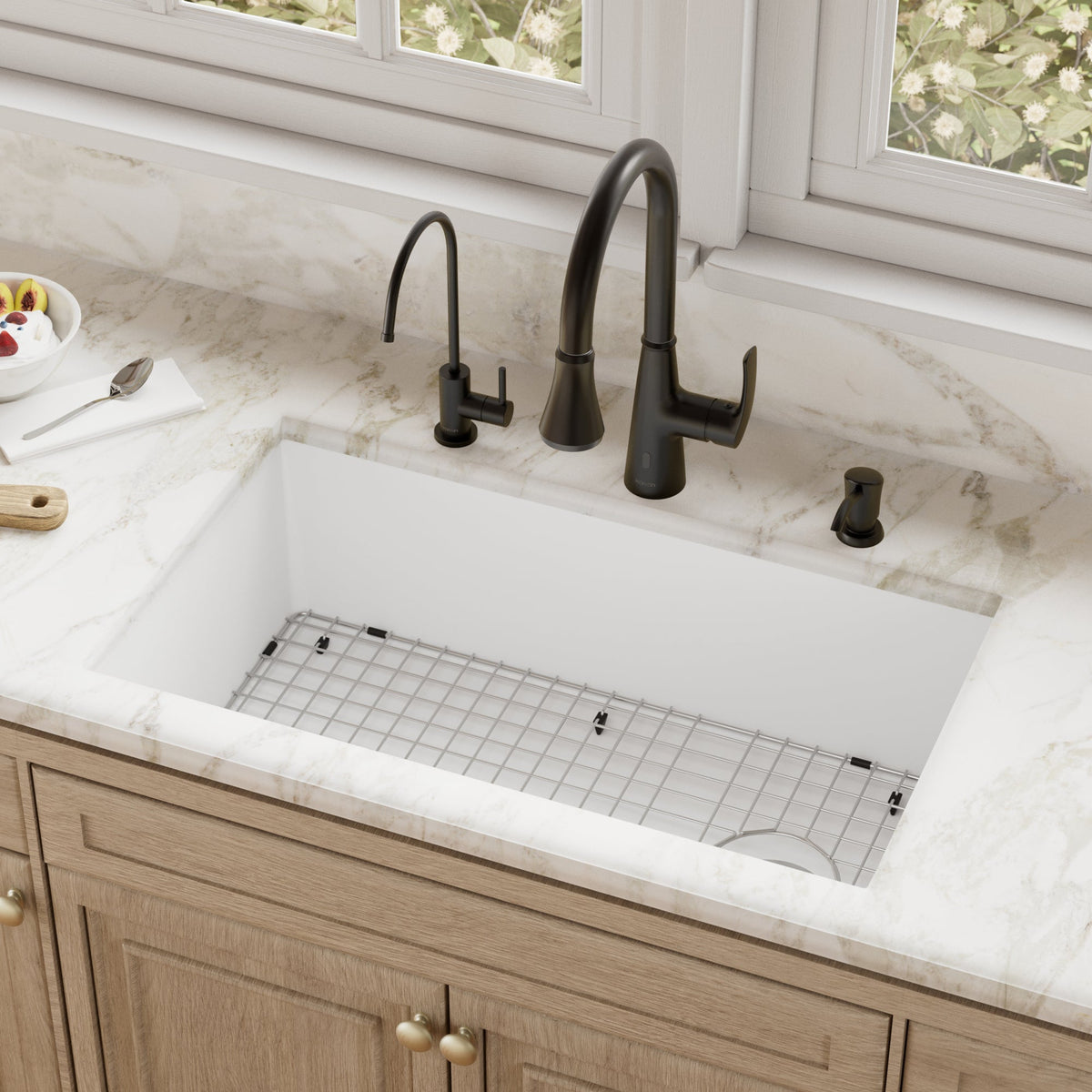 31-5/8" Undermount Large Single Bowl Quartz Composite Kitchen Sink Kit In White