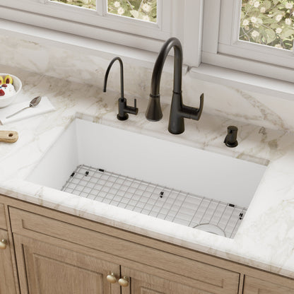 31-5/8" Undermount Large Single Bowl Quartz Composite Kitchen Sink Kit In White