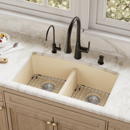32-1/2" Undermount Double Equal Bowl Quartz Composite Kitchen Sink Kit In Bisque