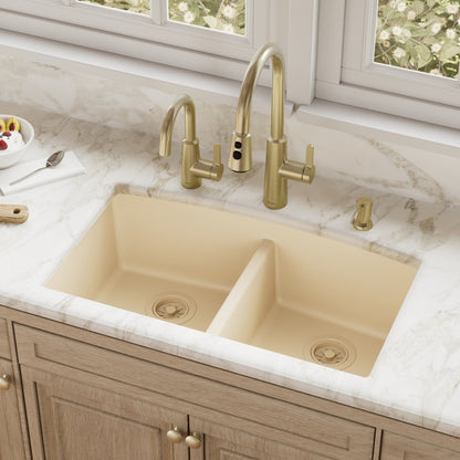 32-1/2" Undermount Double Equal Bowl Quartz Composite Kitchen Sink In Bisque