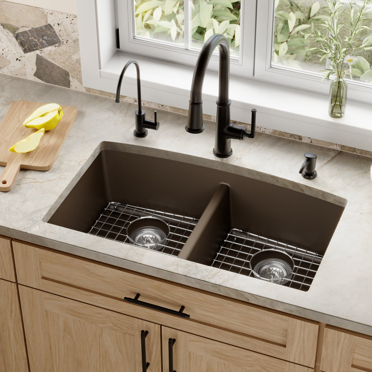 32-1/2" Undermount Double Equal Bowl Quartz Composite Kitchen Sink Kit In Brown