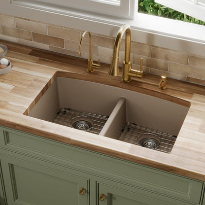 32-1/2" Undermount Double Equal Bowl Quartz Composite Kitchen Sink Kit In Concrete