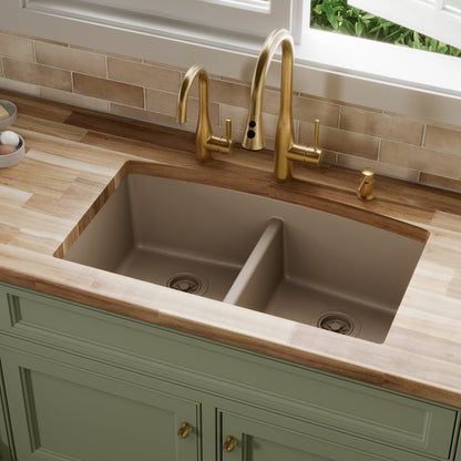 32-1/2" Undermount Double Equal Bowl Quartz Composite Kitchen Sink In Concrete