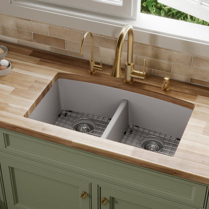 32-1/2" Undermount Double Equal Bowl Quartz Composite Kitchen Sink Kit In Grey