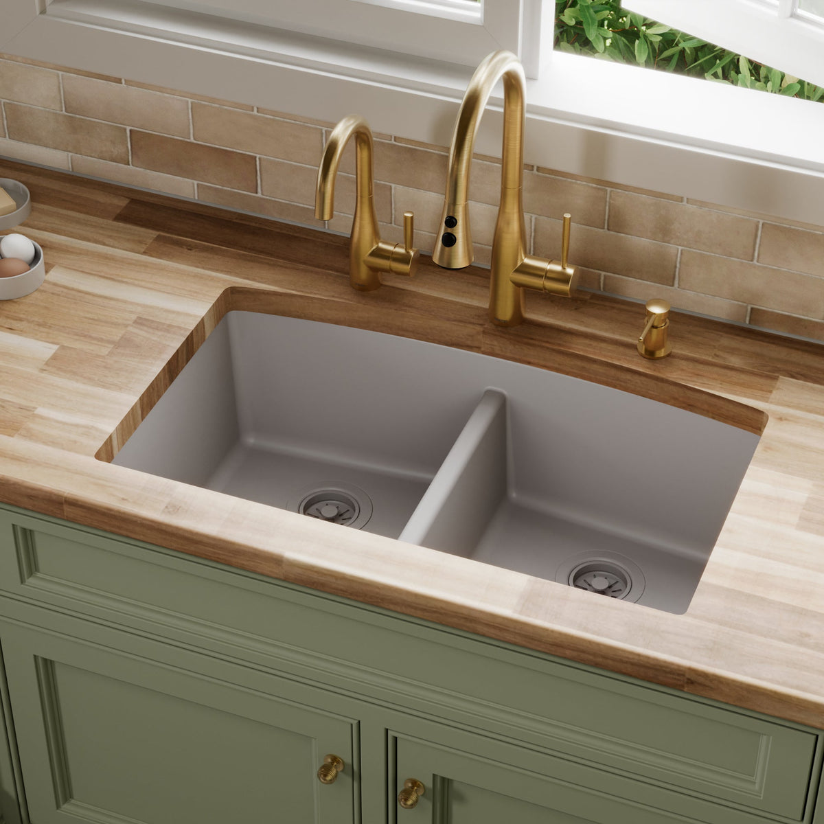 32-1/2" Undermount Double Equal Bowl Quartz Composite Kitchen Sink In Grey