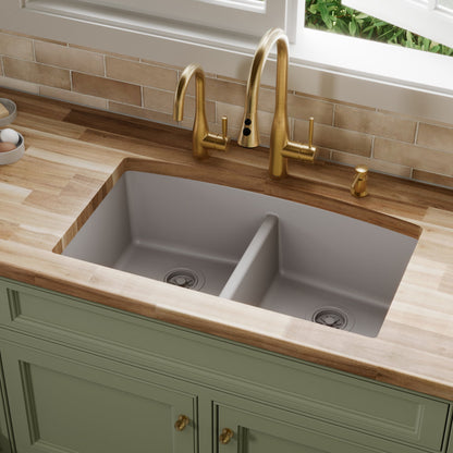 32-1/2" Undermount Double Equal Bowl Quartz Composite Kitchen Sink In Grey
