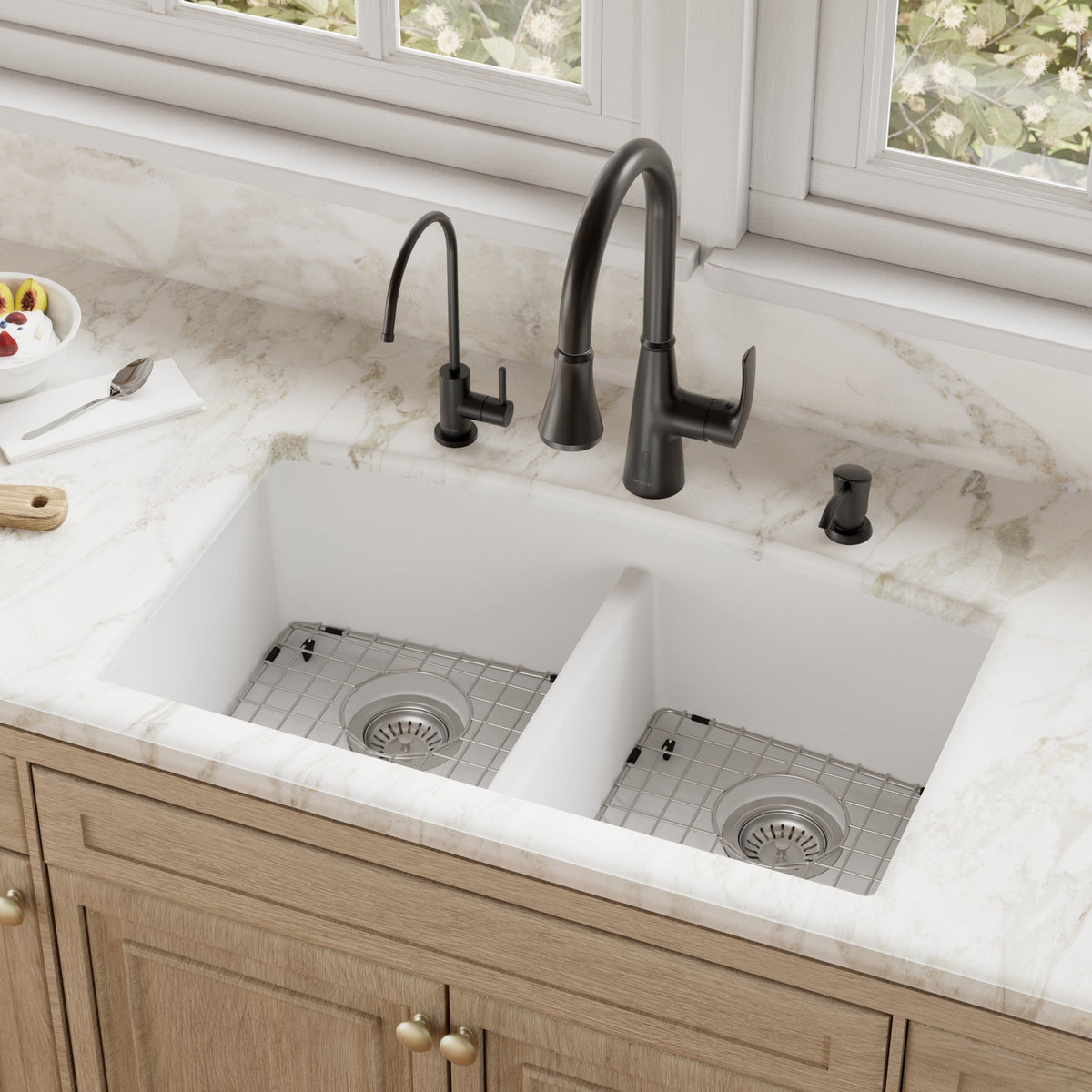 32-1/2" Undermount Double Equal Bowl Quartz Composite Kitchen Sink Kit In White