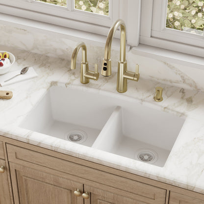 32-1/2" Undermount Double Equal Bowl Quartz Composite Kitchen Sink In White
