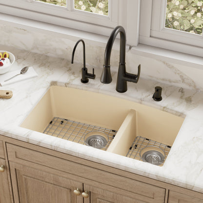32-1/2" Undermount Double Offset Bowl Quartz Composite Kitchen Sink Kit In Bisque