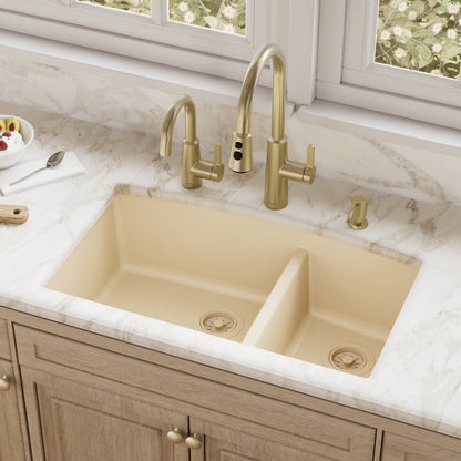 32-1/2" Undermount Double Offset Bowl Quartz Composite Kitchen Sink In Bisque