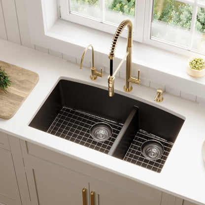 32-1/2" Undermount Double Offset Bowl Quartz Composite Kitchen Sink Kit In Black