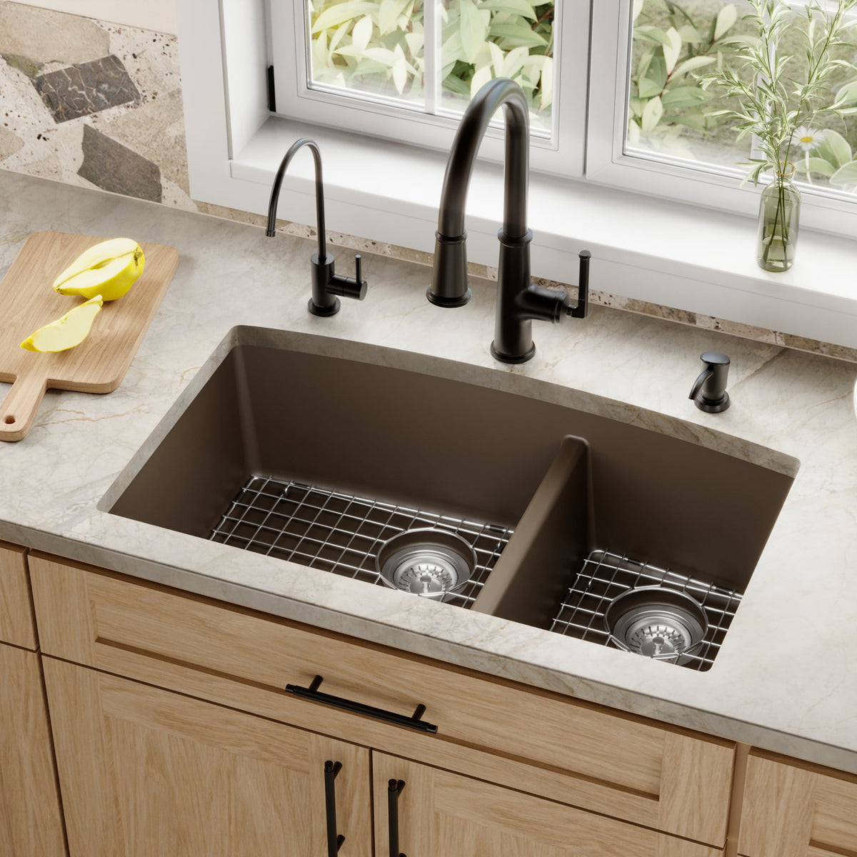 32-1/2" Undermount Double Offset Bowl Quartz Composite Kitchen Sink Kit In Brown
