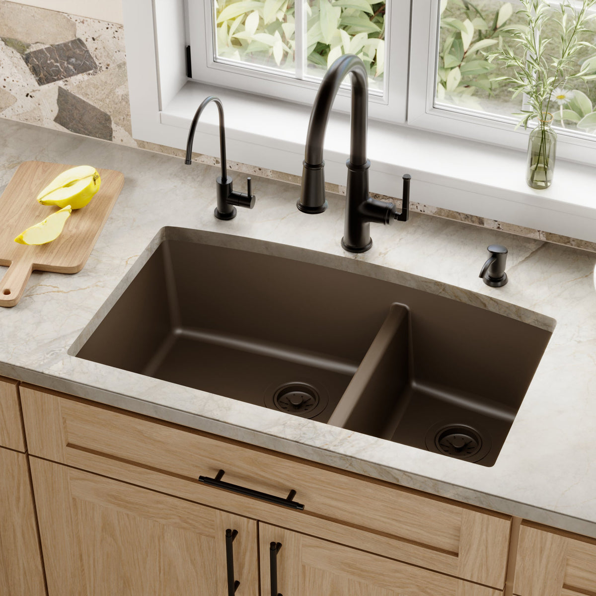 32-1/2" Undermount Double Offset Bowl Quartz Composite Kitchen Sink In Brown