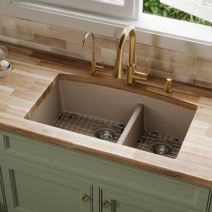 32-1/2" Undermount Double Offset Bowl Quartz Composite Kitchen Sink Kit In Concrete