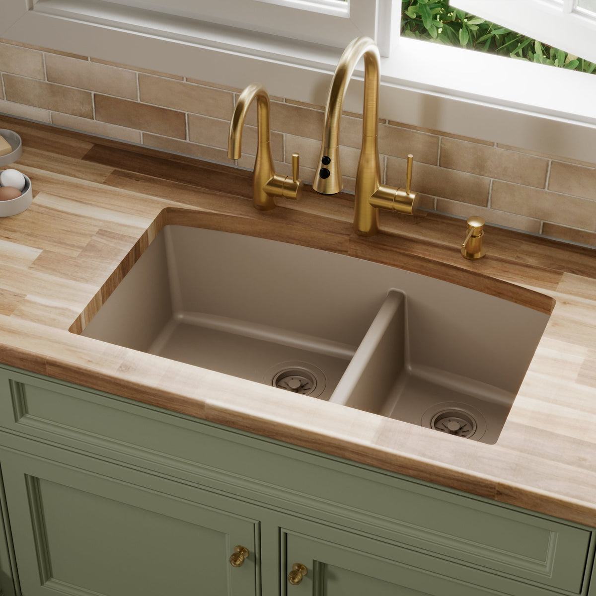 32-1/2" Undermount Double Offset Bowl Quartz Composite Kitchen Sink In Concrete