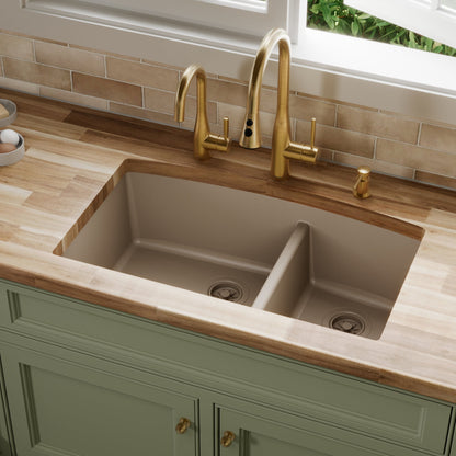 32-1/2" Undermount Double Offset Bowl Quartz Composite Kitchen Sink In Concrete